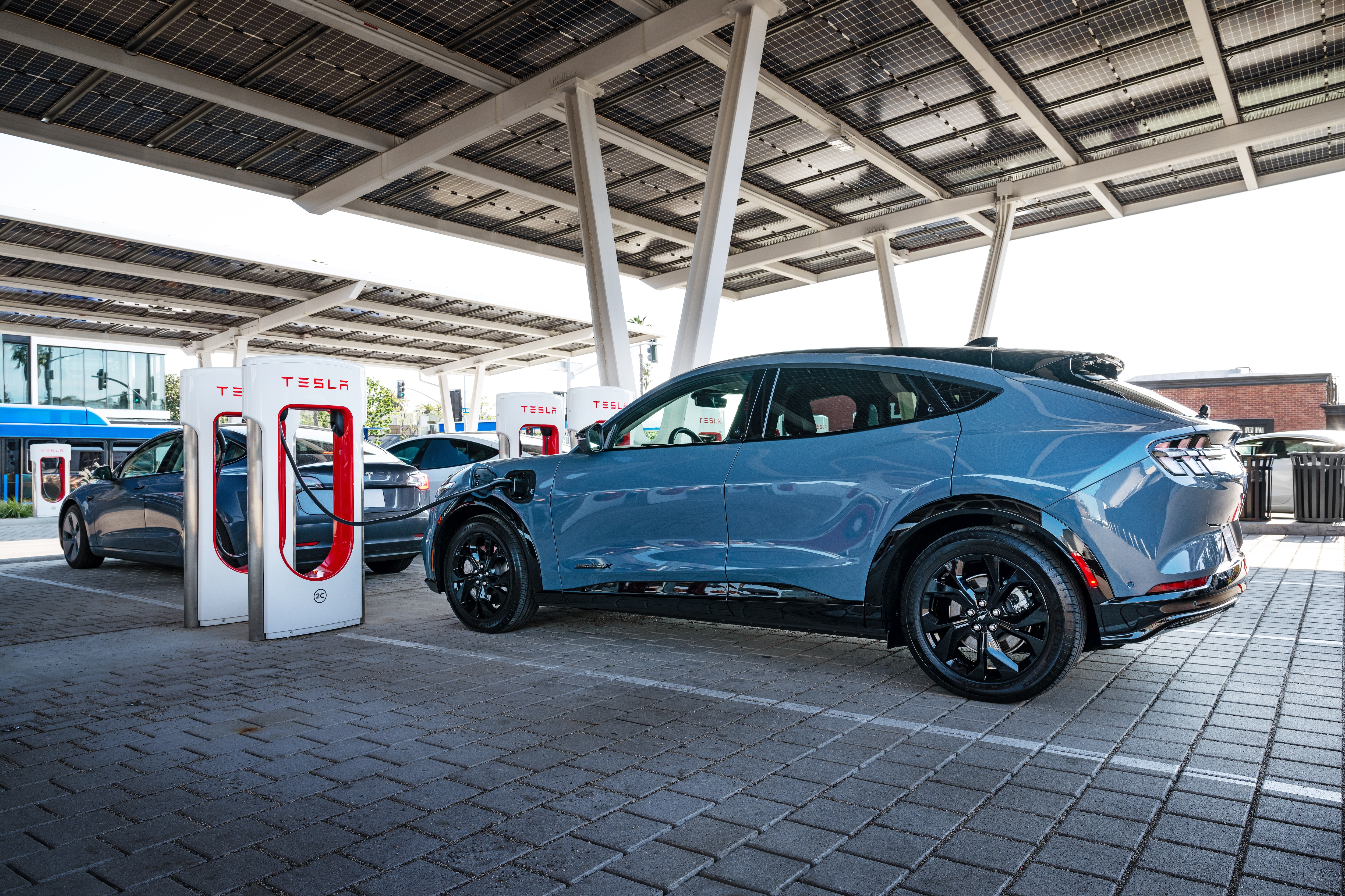 A Ford electric vehicle plugged into a Tesla Supercharger.